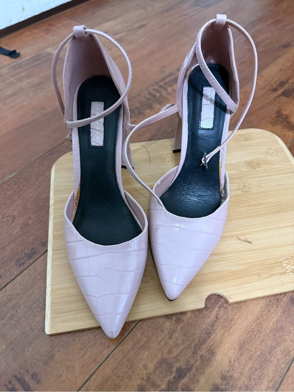 Topshop Croc-Embossed Pointed Ankle-Strap Heels in Pale Pink